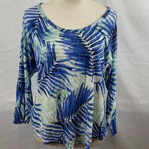 Tommy Bahama Linen Top XL Blue Green White Leaf Print Rounded Neckline 3/4 Sleev